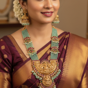 Traditional South Indian Mint Green Beaded Temple Jewellery Long Necklace Set with Jhumka Earrings