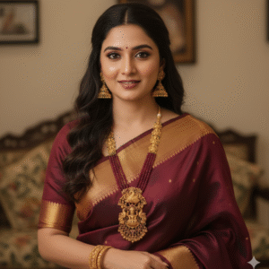 Temple Jewellery Long Haram Necklace Set with Goddess Lakshmi Pendant, Ruby Beads & Jhumka Earrings for Women