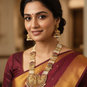 Multi-Strand Pearl & Gold Plated Haram Necklace Set with Ruby Emerald Stones and Jhumkis - Classic Indian Ethnic Jewelry