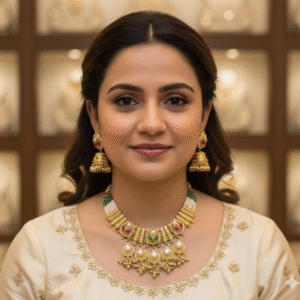 Traditional Gold-Plated Rajwadi Choker Set with Multi-Color Kundan, Pearls & Jhumka Earrings