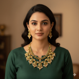 Traditional Two-Layer Rajwadi Choker & Necklace Set with Green Stones & Pearl Drops