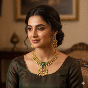 Antique Gold Finish Rajwadi Choker Necklace Set with Emerald & Pearl Drops