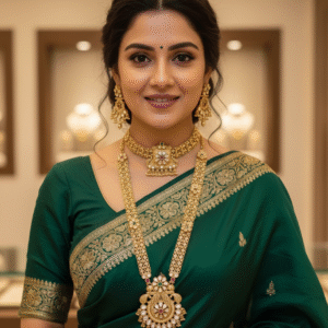 Gold Plated Combo Jewellery Set - Heavy Choker, Long Chain with Heritage Pendant & Drop Earrings for Bridal Wear