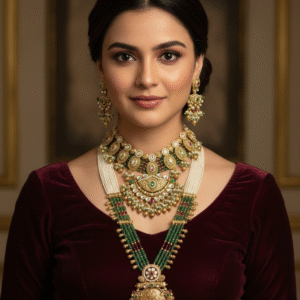 Luxury Multi-Layered Pearl & Green Bead Combo Necklace Set - Antique Gold Plated Choker, Long Rani Haar and Traditional Dangler Earrings for Bridal Wear