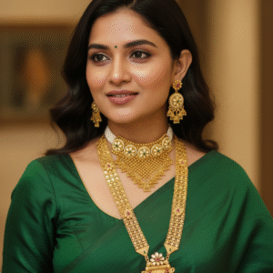 Traditional Gold Bead Mesh Combo Necklace Set - Antique Plated Choker with Kundan, Long Heavy Haram with Pendant and Matching Earrings for Women