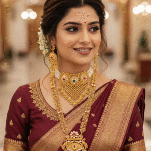 Royal Heavy Rajwadi Combo Necklace Set - Antique Gold Plated Choker with Gold Bead Mesh, Long Chain with Grand Statement Pendant & Dangler Earrings for Brides