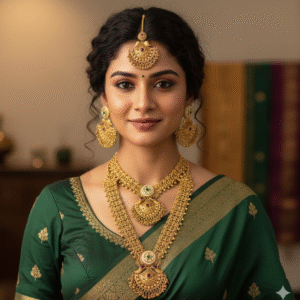 Traditional Gold Finish Temple Jewellery Semi-Bridal Set with Long and Short Necklace