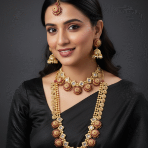 Traditional Matte Gold Kundan & Ruby Stone Semi-Bridal Long & Short Necklace Set