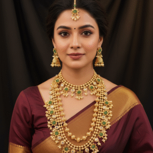 Traditional Green Stone & Pearl Matte Gold Finish Temple Jewellery Set