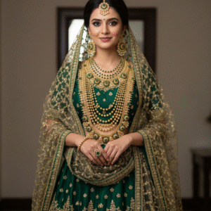 Semi-Bridal Exquisite Multi-Layered Gold & Emerald Indian Bridal Jewelry Set