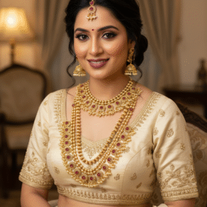 Luxury Gold Plated Semi Bridal Layered Necklace Set | Kemp/Ruby Stone Temple Jewellery