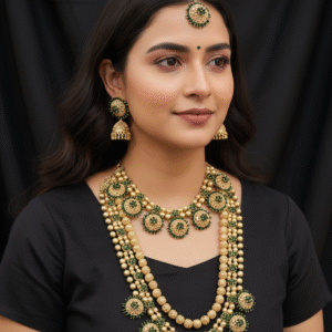 Traditional Gold Plated & Green Stone Semi Bridal Necklace Set with Jhumka Earrings & Maang Tikka