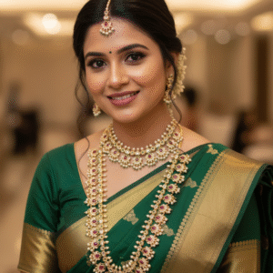 Premium Gold Plated Kemp Stone Semi Bridal Necklace Set with Pearls, Jhumka Earrings & Maang Tikka