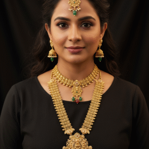 Antique Gold Plated Lakshmi Temple Jewellery Set with Choker & Long Haram