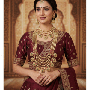 Grand Multi-Layered Pearl & Kundan Semi Bridal Necklace Set with Jhumka Earrings & Maang Tikka