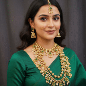 Traditional Gold Plated Semi Bridal Necklace Set with Green Stones, Pearls, Jhumka Earrings & Maang Tikka