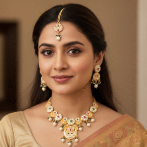 Exquisite Gold-Plated Kundan Polki Short Necklace Set with Meenakari, Maang Tikka & Pearls Drops