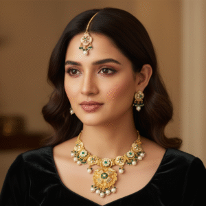 Regal Gold-Plated Kundan Polki Choker Necklace Set with Emerald Green Stones & Maang Tikka
