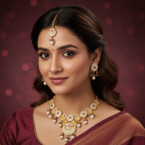 Elegant Gold-Plated Kundan Polki Short Necklace Set with Ruby Stones & Maang Tikka