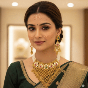 Traditional Gold Guttapusalu Choker Necklace Set with Pearls & Kemp Stones