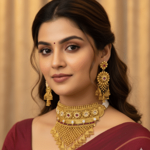 Grand Traditional Gold Bridal Choker Necklace Set with Ruby Stones and Pearl Drops