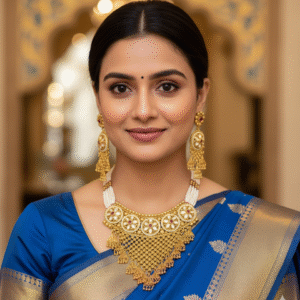 Exquisite Traditional Temple Design Gold Choker Necklace Set with Pearls & Ruby Stones