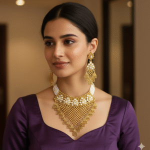 Antique Gold Mesh Choker Necklace Set with Polki Stones and Pearl Strands