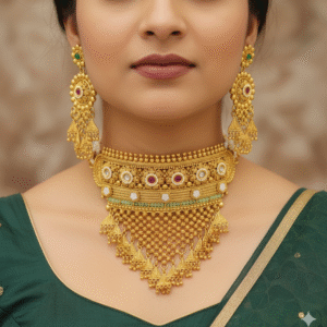 Opulent Antique Finish Gold Choker Necklace Set with Guttapusalu & Ruby-Emerald Accents