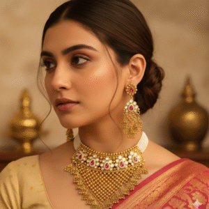 Majestic Gold Bridal Choker Necklace Set with Ruby Kemp Stones & Intricate Mesh Work