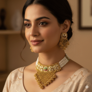 Traditional Gold Choker Necklace Set with White Pearl Strands & Meenakari/Kemp Stone Accents