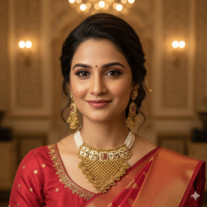 Traditional Gold Choker Necklace Set with Pearl Strands, Ruby Stones & Antique Finish Jhumkas