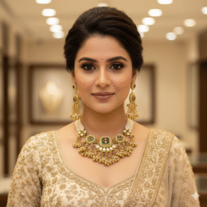 Exquisite Antique Finish Gold Choker Set with Pearl Drops, Kemp Stones & Cluster Design