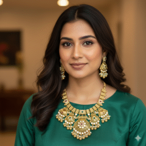 Grand Traditional Antique Finish Gold Statement Necklace Set with Pearl Clusters & Kemp Stones