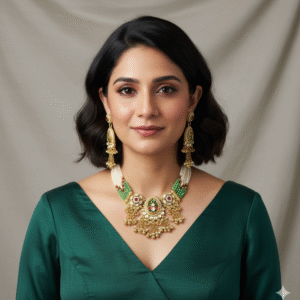 Royal Antique Finish Gold Necklace Set with Green Beads, Kundan Work, and Pearl Drops