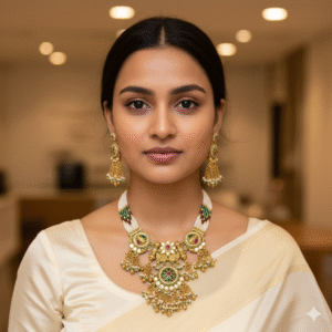 Opulent Traditional Antique Gold Choker Necklace Set with Green Beads, Kemp Stones & Jhumki Drops