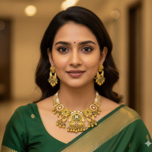 Grand Traditional Antique Finish Gold Necklace Set with Green Beads, Kemp Stones, and Pearl Clusters