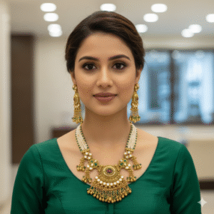 Opulent Gold Antique Choker Necklace Set with Green Beads, Ruby Stones, and Guttapusalu Drops