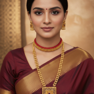 Gold Plated Traditional Maharashtrian Thushi Choker and Long Square Haram Set with Ruby Accents
