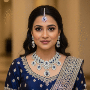 Luxury Cubic Zirconia (CZ) Sapphire Blue and Diamond Choker Necklace Set with Maang Tikka | Indian Wedding and Reception Jewelry