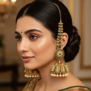 Bridal Statement Karn Phool Jhumka Earrings with Green Stone Detailing