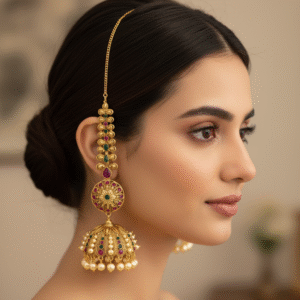 Antique Gold Plated Kundan Jhumka Earrings with Ruby and Emerald Ear Cuff