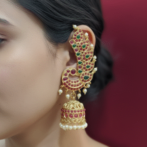 Opulent Peacock Kundan Ear Cuff Jhumka Earrings in Ruby & Emerald
