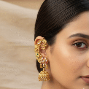 Intricate Paisley & Peacock Ear Cuff Jhumka with Polki, Ruby & Pearl Drops (Antique Gold)