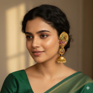 Grand Peacock Motif Ear Cuff Jhumka with Ruby, Emerald & Pearl Drops (Antique Gold)