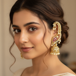 Grand Bridal Peacock Kaan Patti Jhumka with Polki, Ruby & Pearl Drops