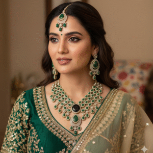 Luxury Emerald Green Kundan Polki Choker Necklace Set with Maang Tikka & Earrings | Designer Bridal Jewelry