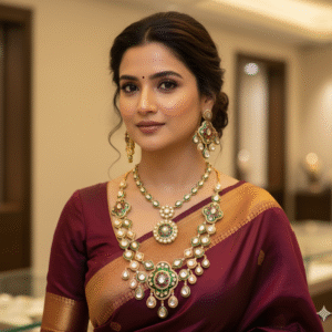 Regal Green & Maroon Kundan-Polki Layered Necklace Set with Pearl Drops