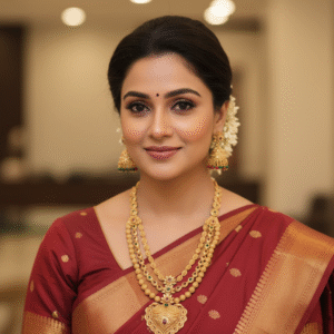 Multi-Layered Long Haram Necklace Set with Heart-Shaped Pendant, Kemp Stones & Jhumka Earrings