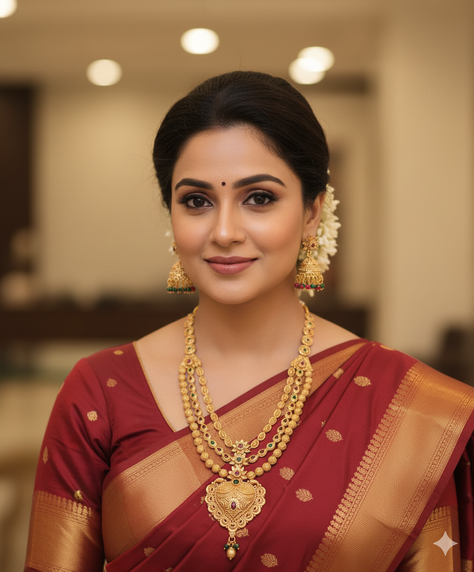 Multi-Layered Long Haram Necklace Set with Heart-Shaped Pendant, Kemp Stones & Jhumka Earrings