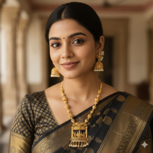 Grand Antique Gold Temple Jewelry Long Haram Necklace Set with Architectural/Mandapam Pendant, Pearl Drops & Traditional Jhumka Earrings